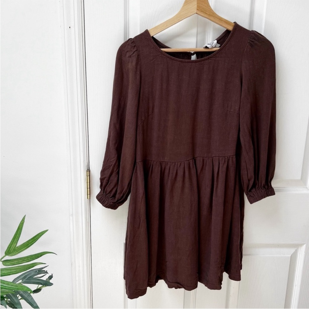 Princess Polly Linen Blend Long Sleeve Round Neck Dress in Brown
